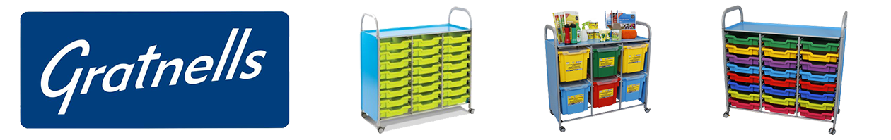 Gratnells logo and examples of storage trolleys